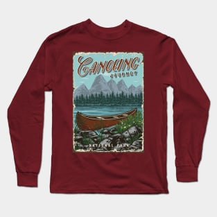 Canoeing journey. National park illustration with river and forest in mountains Long Sleeve T-Shirt